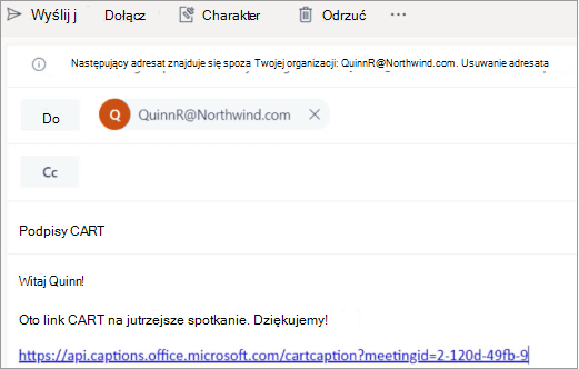 Przykładowa wiadomość e-mail pokazująca, jak wysłać link DO profesjonalnego napisu CART.